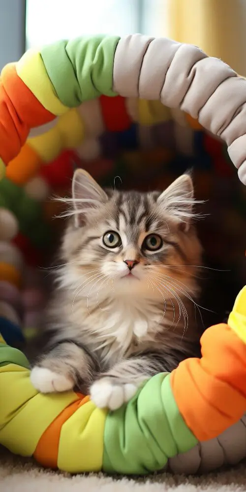 A kitten is sitting in a colorful play tunnel.