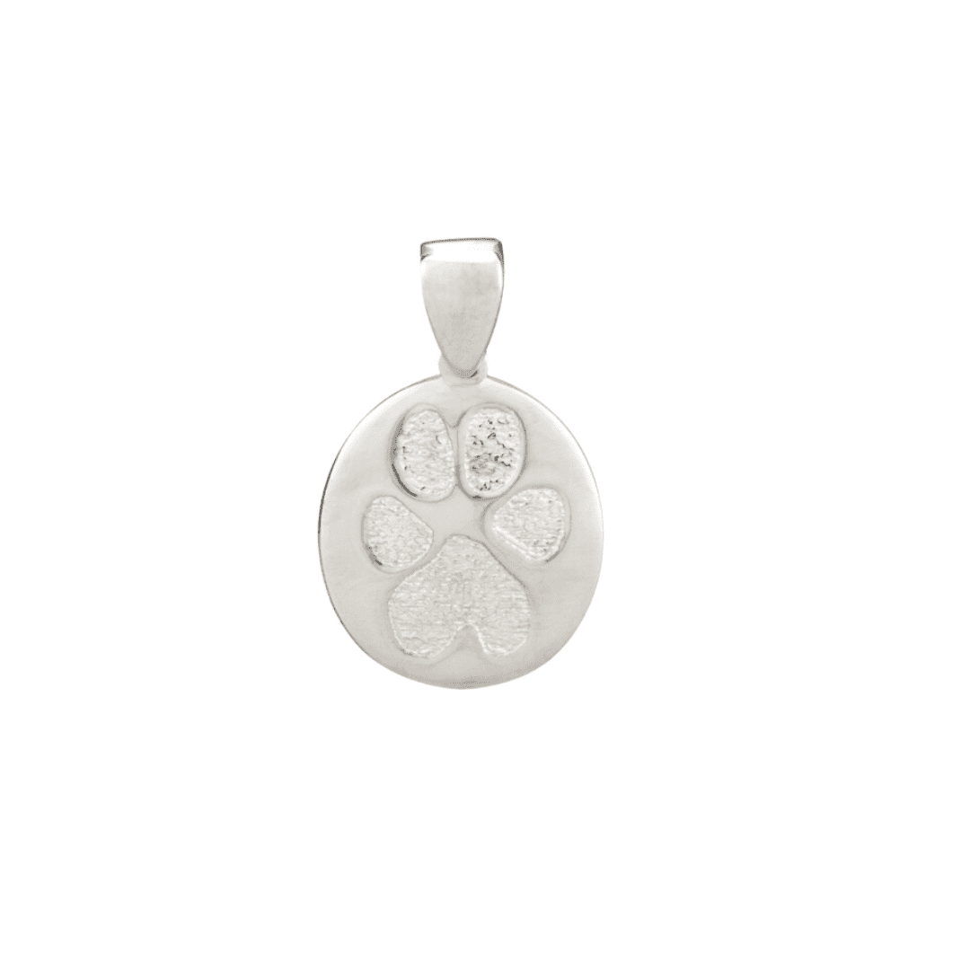 A silver paw print pendant on a white background.