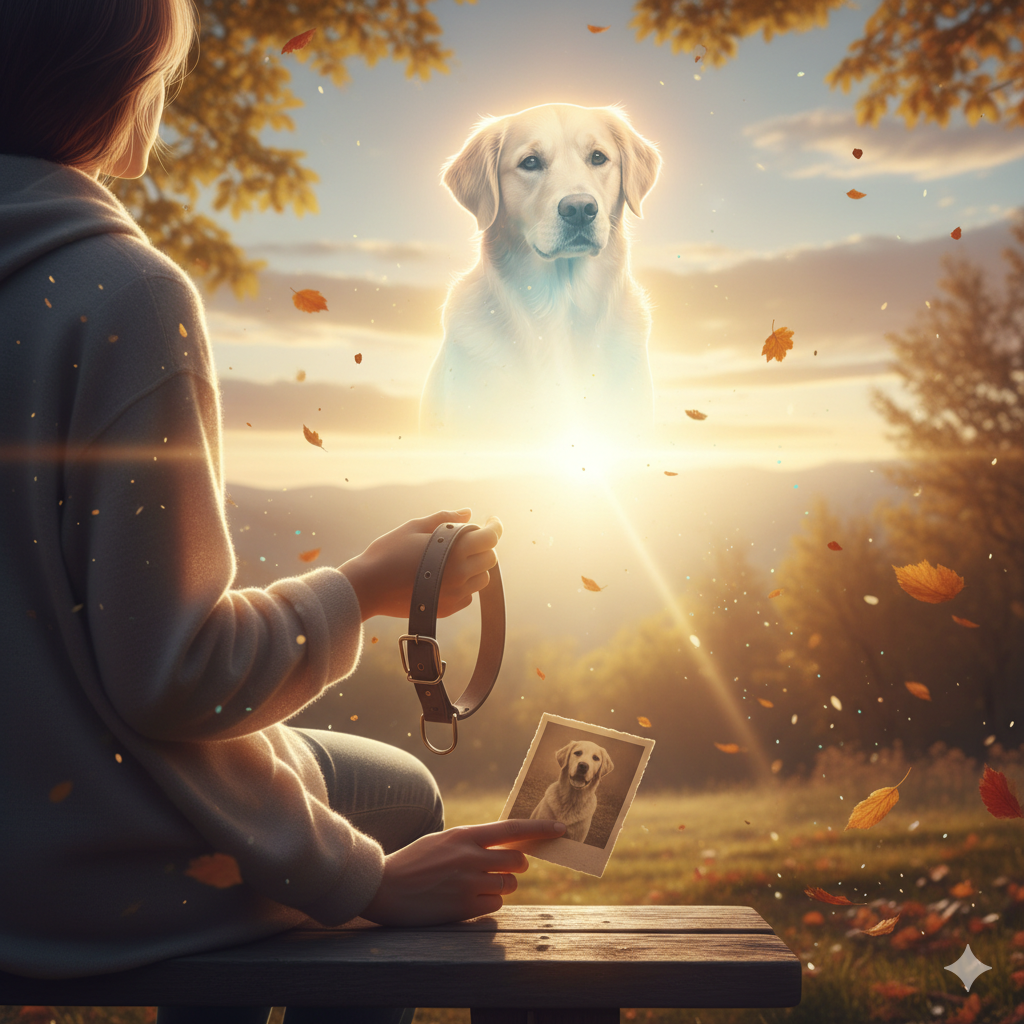 Peaceful pet euthanasia scene with a beloved pet resting calmly, soft warm light, and symbolic rainbow bridge transition representing a loving goodbye and afterlife