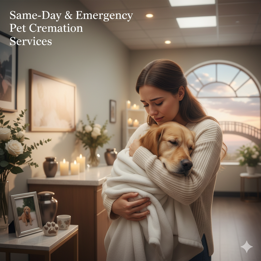Pet euthanasia moment in a calm veterinary room with a beloved pet resting peacefully on a soft blanket, owner gently holding its paw, warm lighting and a soft glowing transition symbolizing peaceful goodbye and afterlife