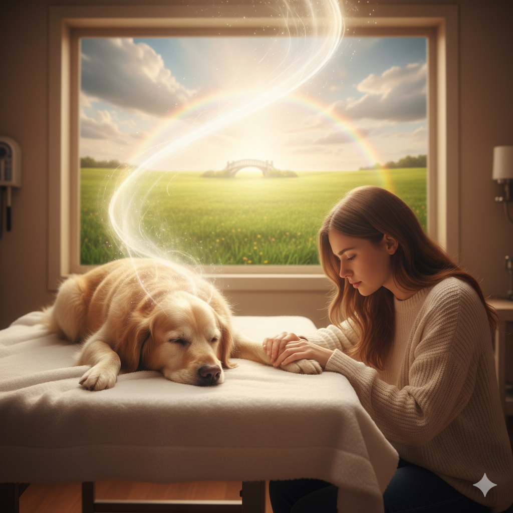 What happens after pet euthanasia – peaceful veterinary scene with pet at rest, owner holding paw, warm light and symbolic transition to afterlife representing love and peaceful goodbye.
