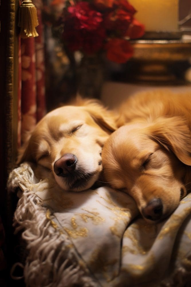 Two golden retrievers sleeping on a bed.
