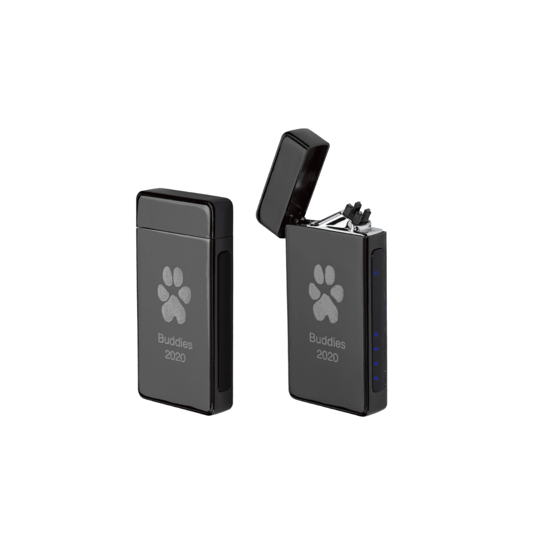 A black lighter with a paw print on it.