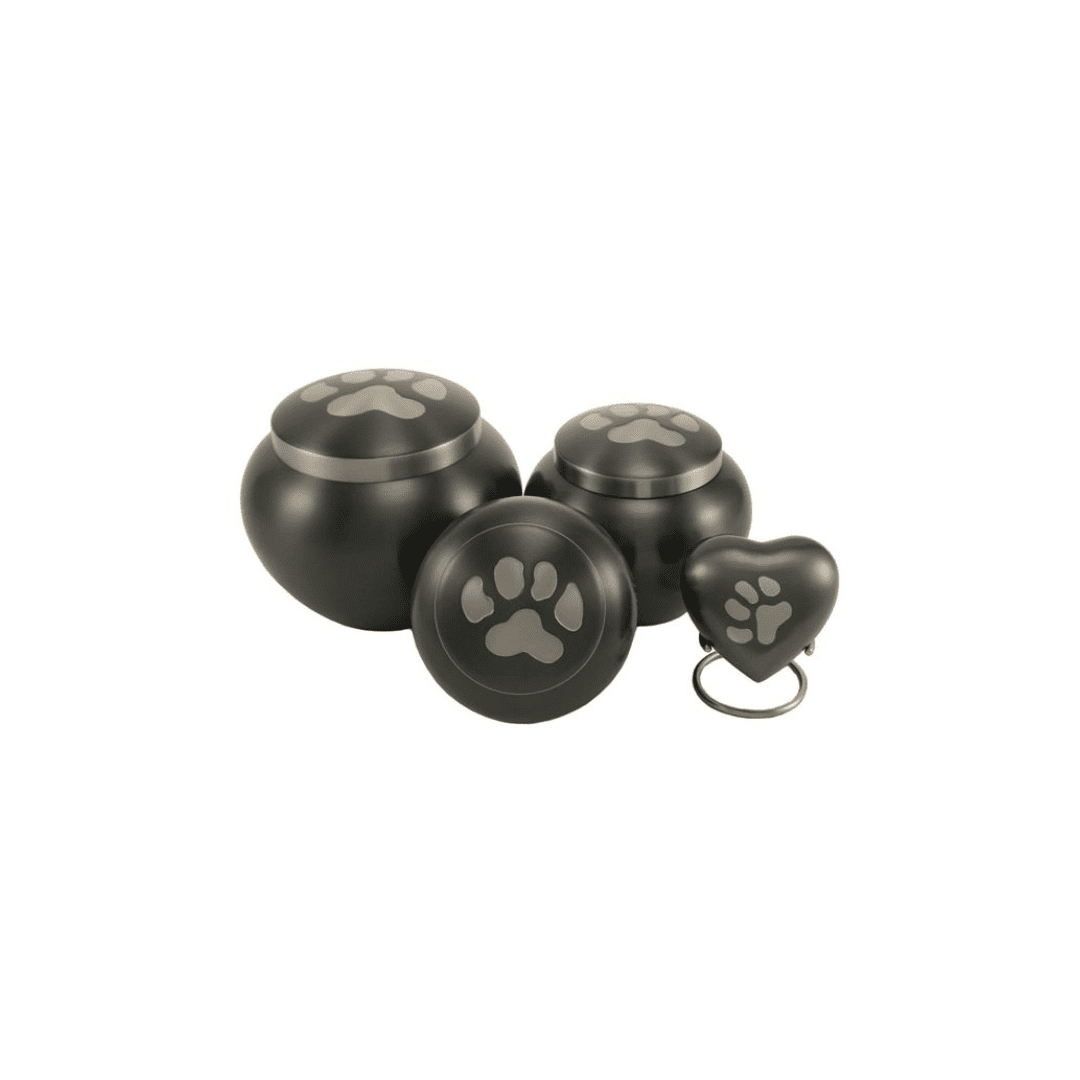 Three black urns with paw prints on them.
