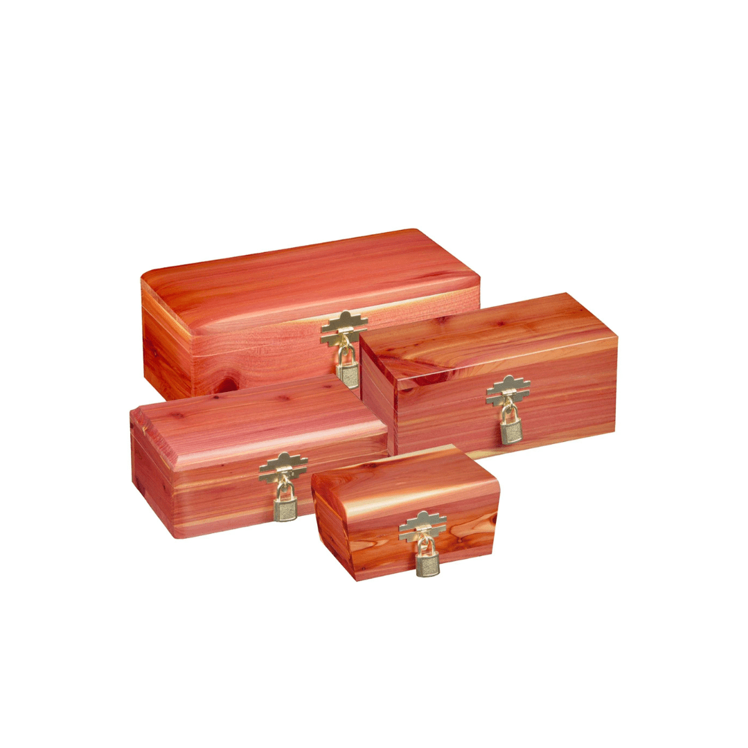 A set of four red wooden boxes with latches.