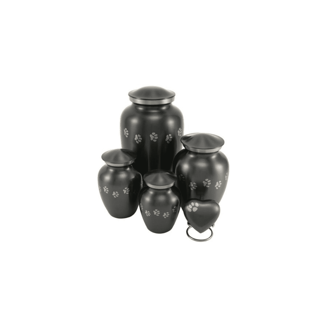 A set of black urns with paw prints on them.