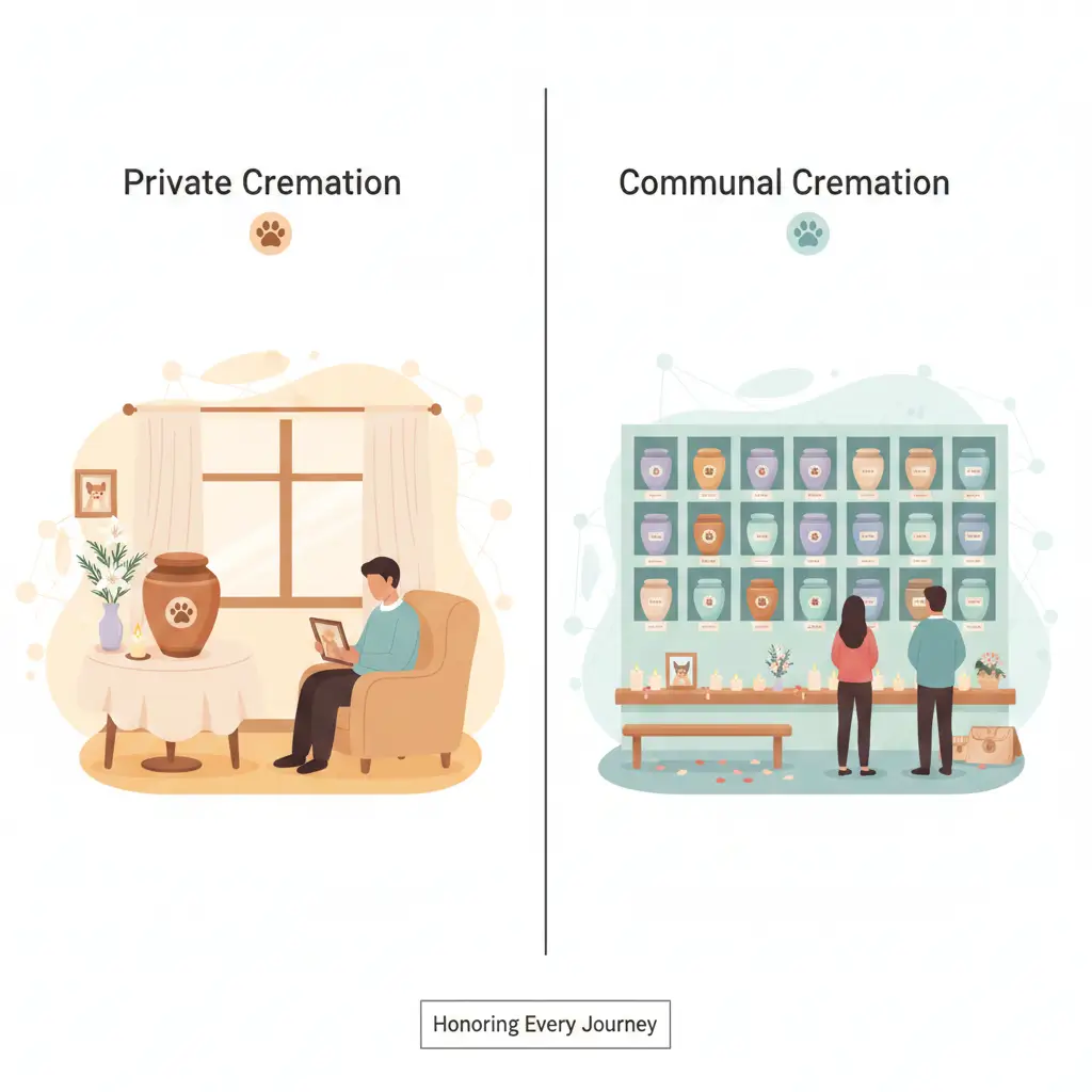 Private and communal cremation comparison illustration.
