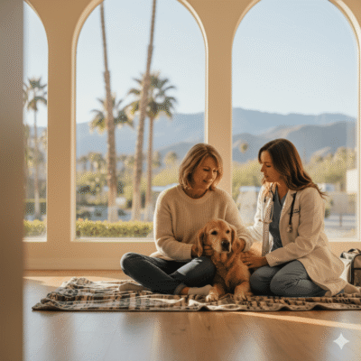 Woman and veterinarian comforting golden retriever indoors.