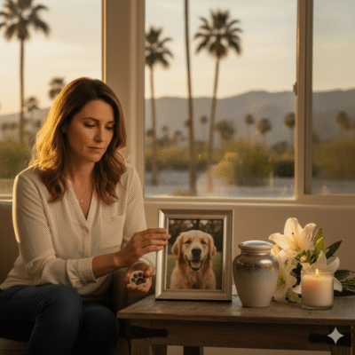Woman placing paw stone beside dog portrait.